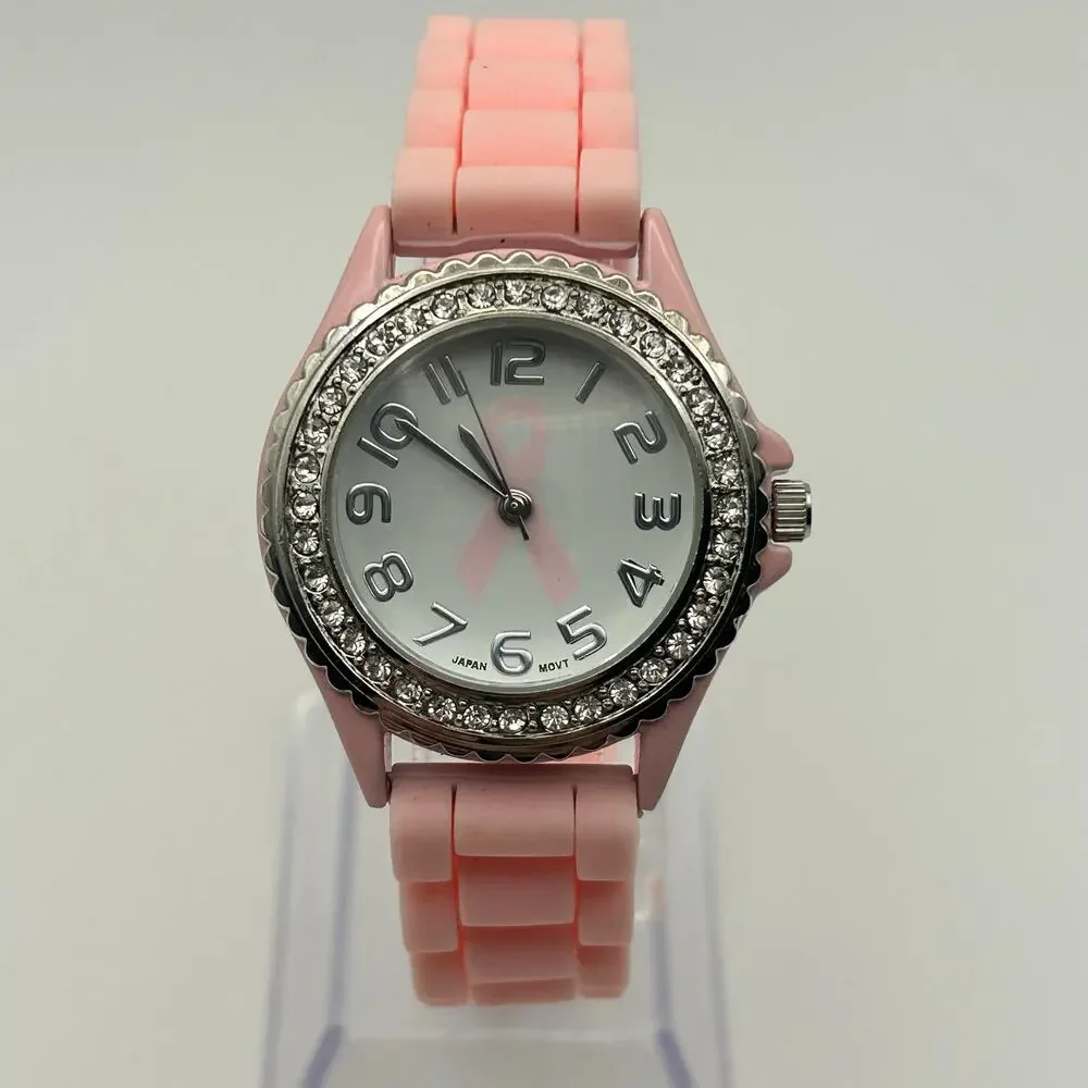 Geneva Ladies Crystal Rhinestone Breast Cancer Awareness Watch New Battery